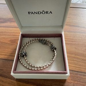 Brand New Pandora Silver Double Wrap Leather Bracelet and Two Charms